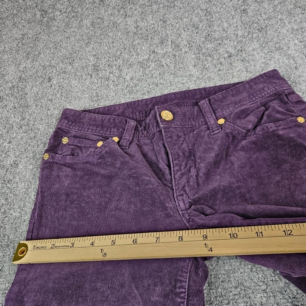 Tory Burch Super Skinny Corduroy Pants Purple Plum Gold Logo Size 25